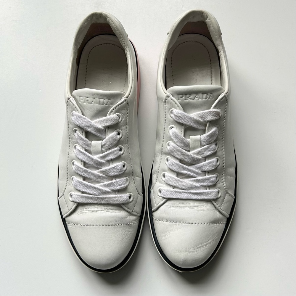 PRADA Womens Vitello Soft 3 Low Profile White/Pink Leather Sneakers, 37.5 - Picture 10 of 13